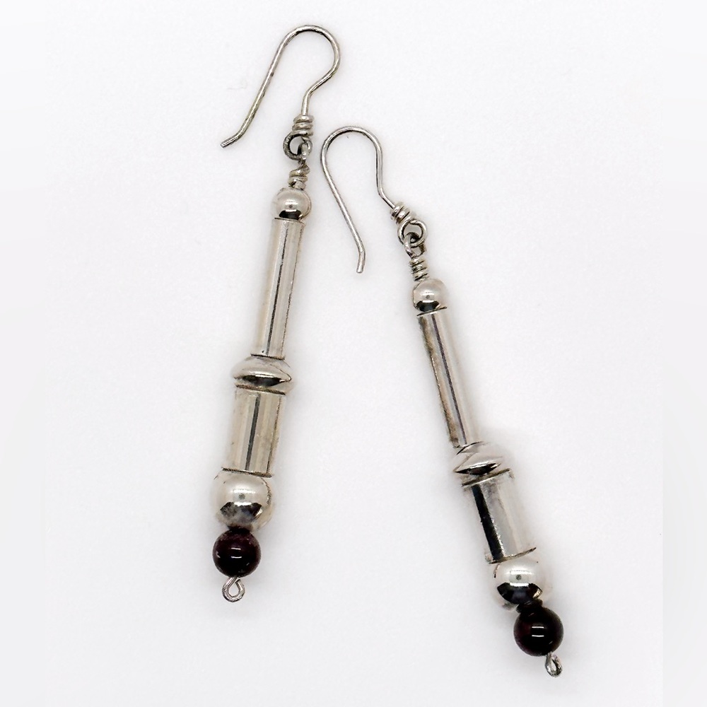 Handmade Earrings: Silver drop earrings with garnet bead; actual length is 2.75”